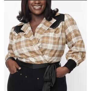 Unique Vintage Western Brown Metallic Plaid Wrap Jacket Top S NWOT